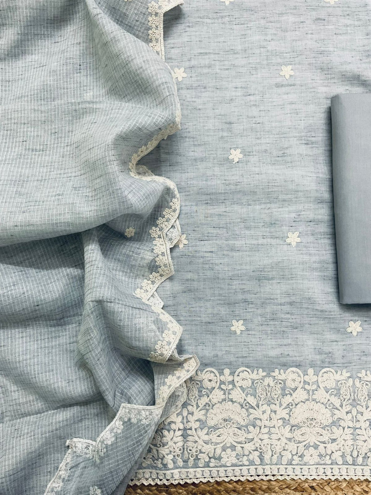 Image of Pure Fine Handloom Cotton Embroidered Suit - Grey