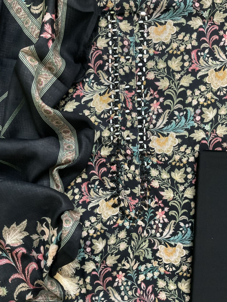 Image of Pure Jaam Cotton Printed Embroidered Suit - Black