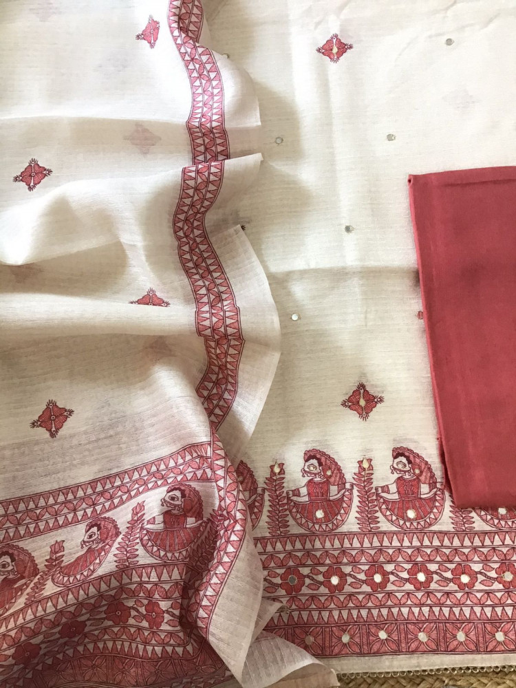 Image of Soft Fine Semi Geecha Tussar Printed Embroidered Suit - Offwhite