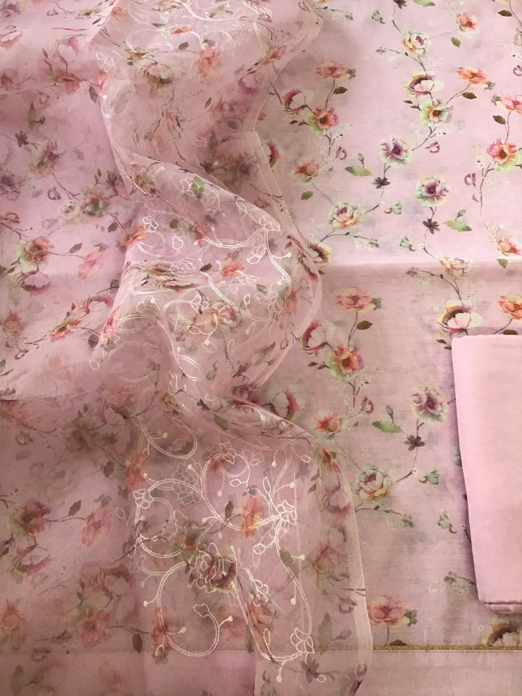 Image of Soft Kora Chanderi Printed Suit - Pink