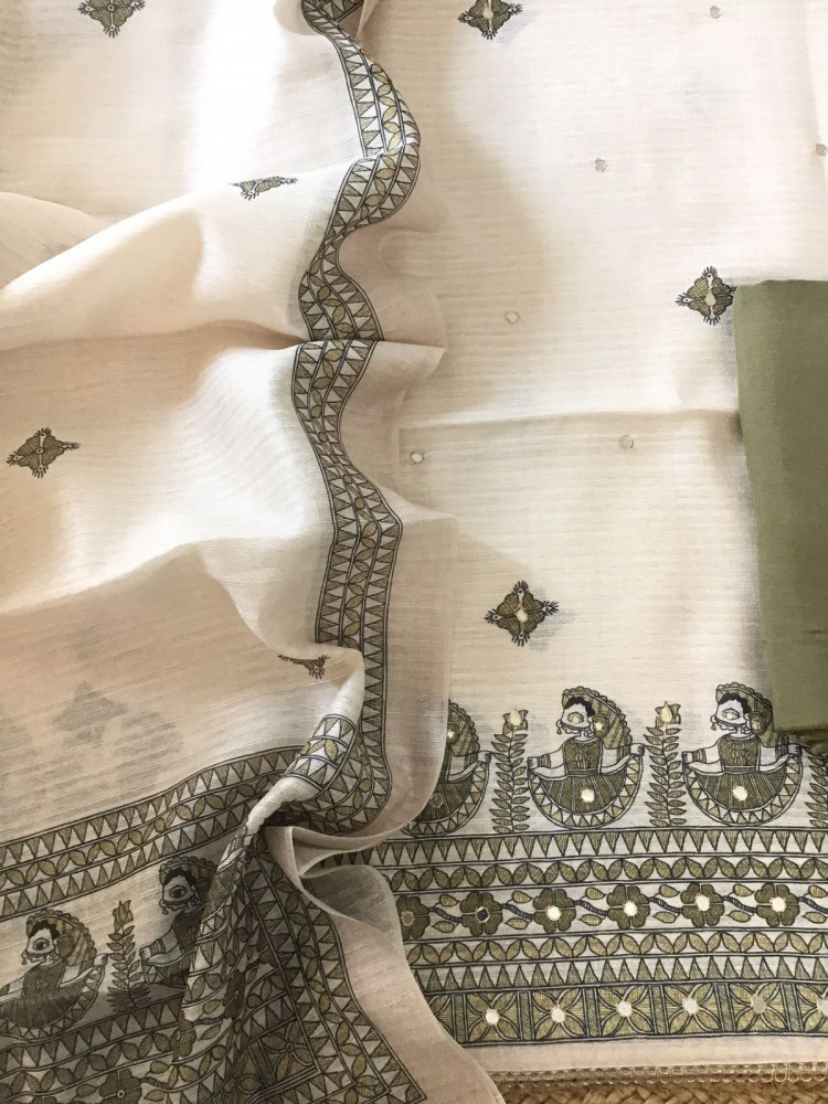 Image of Soft Fine Semi Geecha Tussar Printed Embroidered Suit - Offwhite