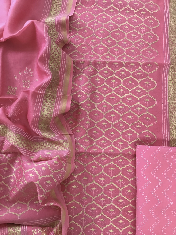 Image of Pure Chanderi Printed Suit - Pink