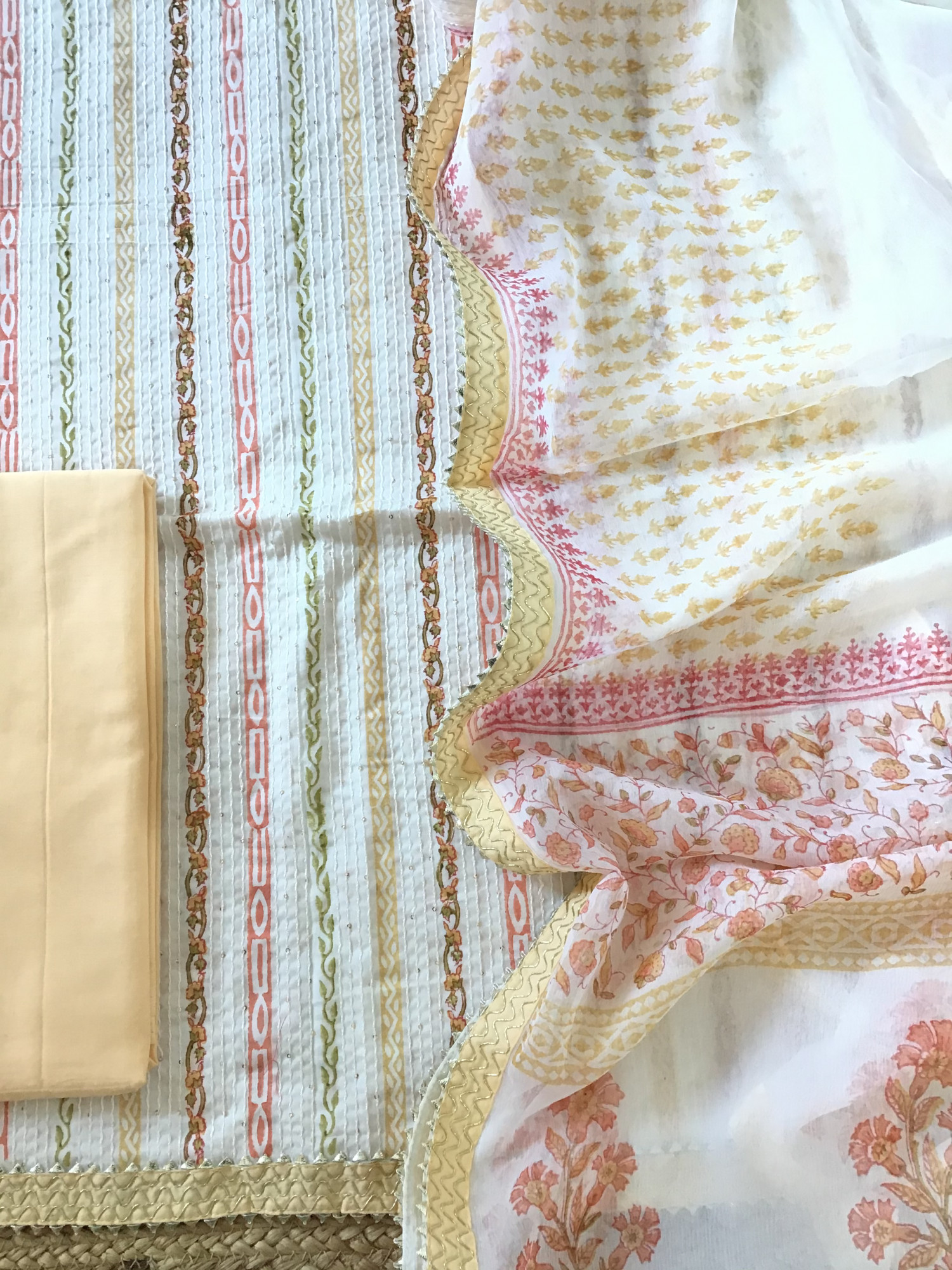 Pure Fine Cotton Printed Embroidered Suit - WhiteYellow