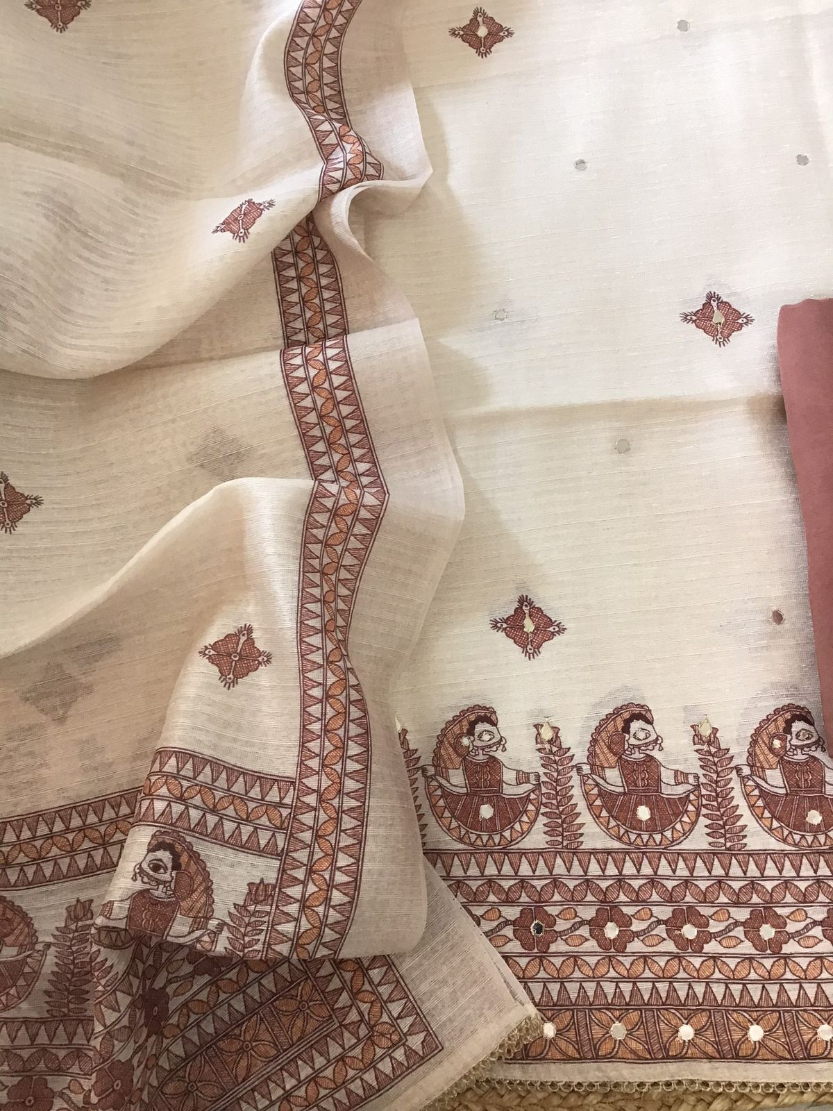 Soft Fine Semi Geecha Tussar Printed Embroidered Suit - Offwhite