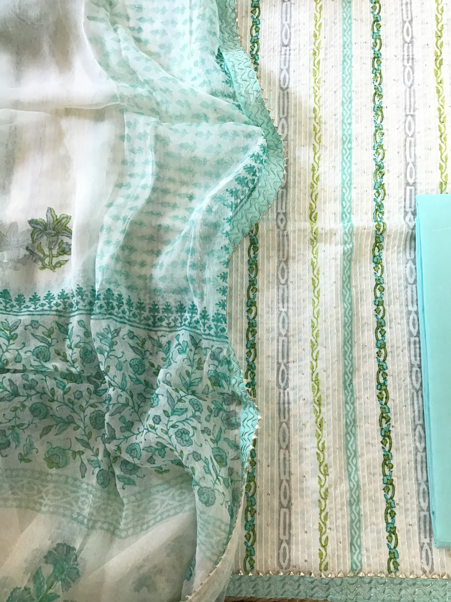 Pure Fine Cotton Printed Embroidered Suit - WhiteGreen