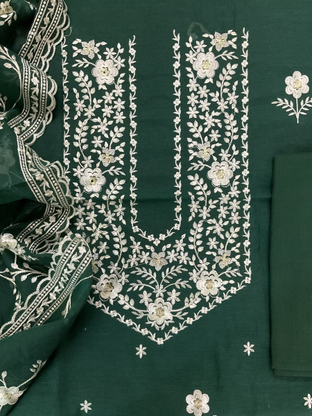 Image of Soft Chanderi Embroidered Suit - Green
