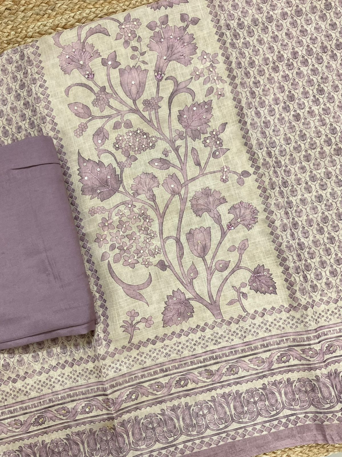 Soft Tissue Slub Cotton Printed Embroidered Suit - Beige