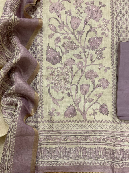 Image of Soft Tissue Slub Cotton Printed Embroidered Suit - Beige