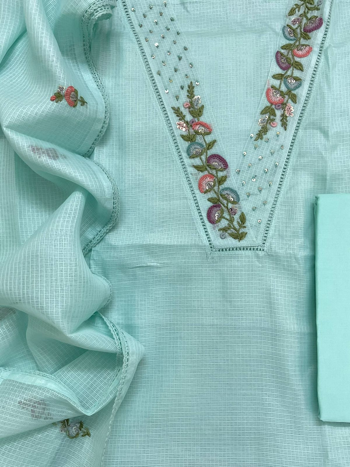 Soft Kota Silk Embroidered Suit - Blue