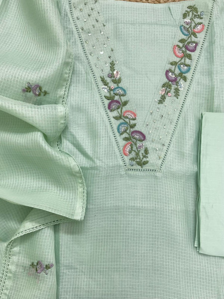 Image of Soft Kota Silk Embroidered Suit - Green
