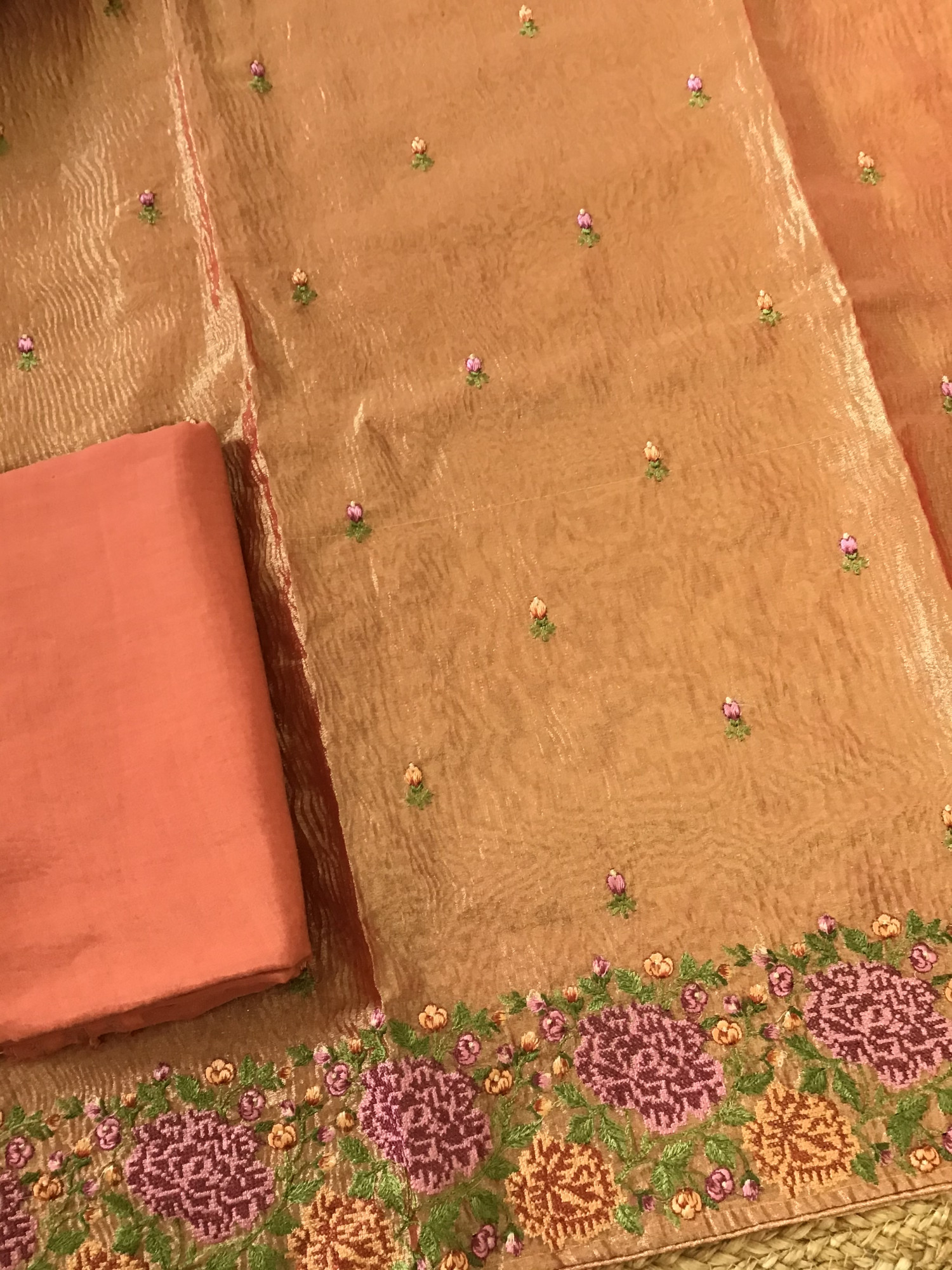 Soft Fine Crushed Tissue Embroidered Suit - Orange