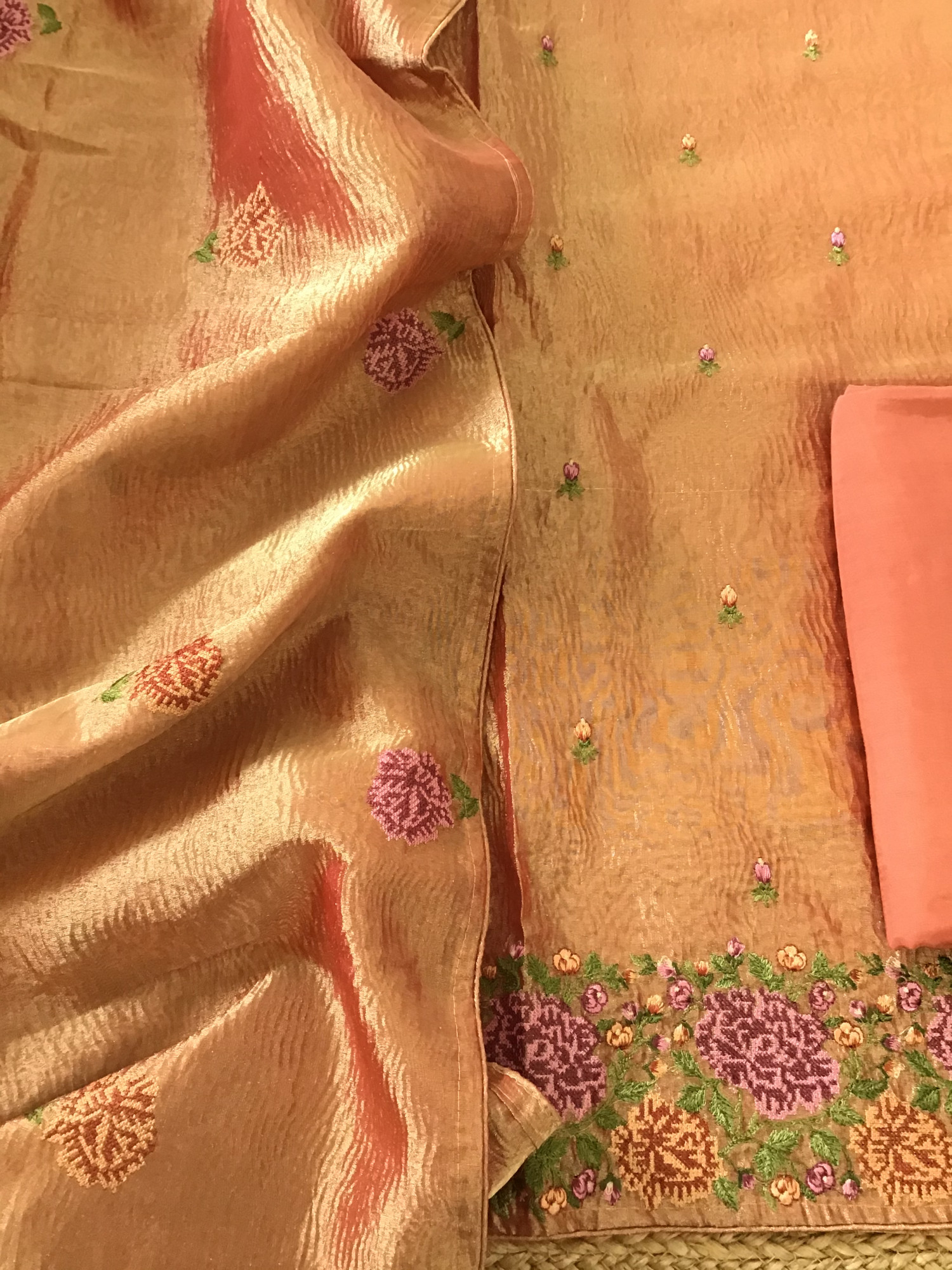 Soft Fine Crushed Tissue Embroidered Suit - Orange