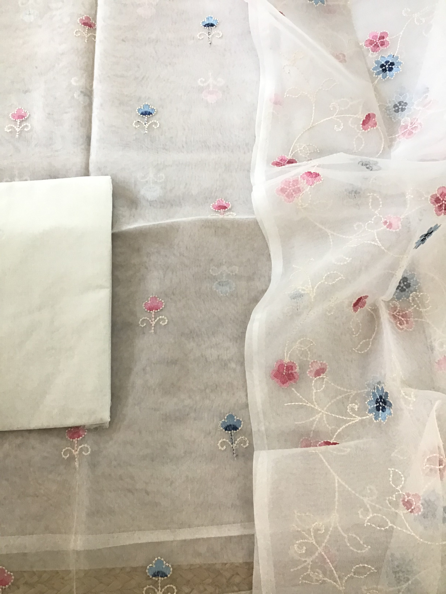 Soft Semi Organza Embroidered Suit - White