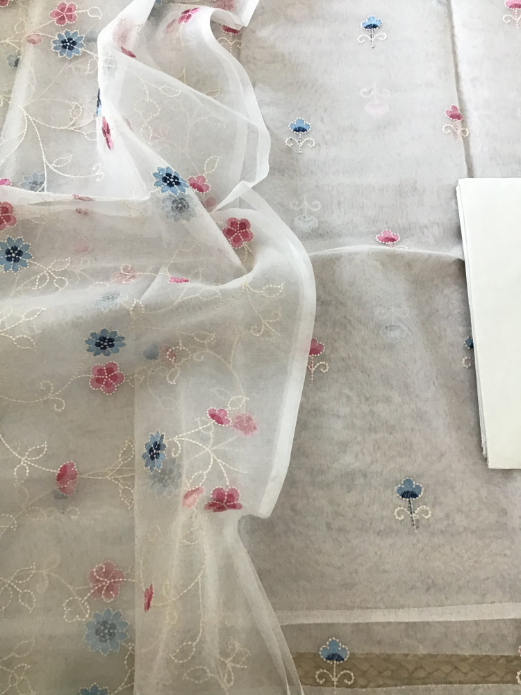 Image of Soft Semi Organza Embroidered Suit - White