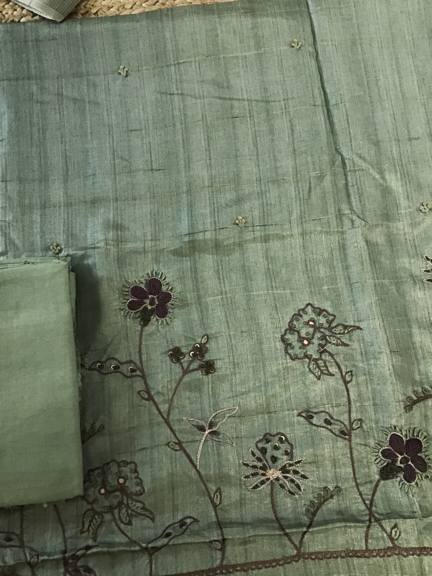 Soft Fine Semi Tussar Printed Embroidered Suit - Green