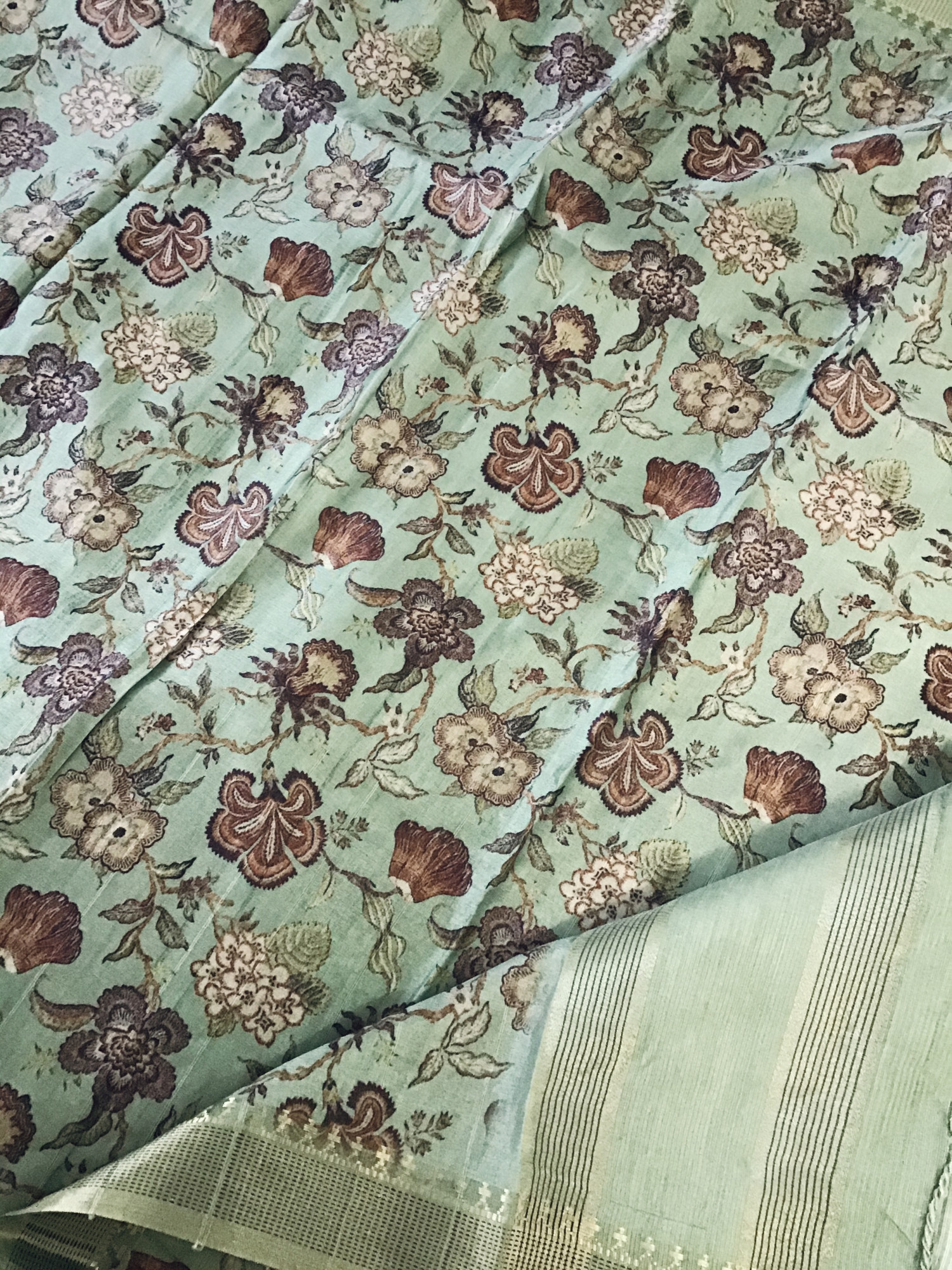 Soft Fine Semi Tussar Printed Embroidered Suit - Green