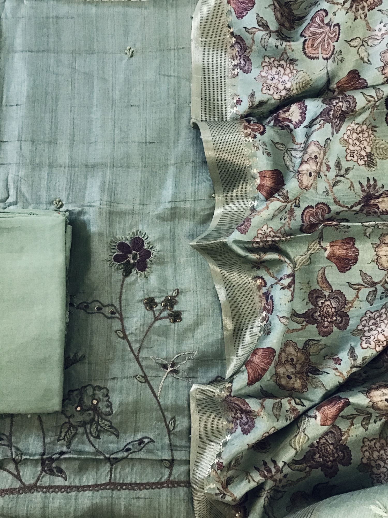 Soft Fine Semi Tussar Printed Embroidered Suit - Green