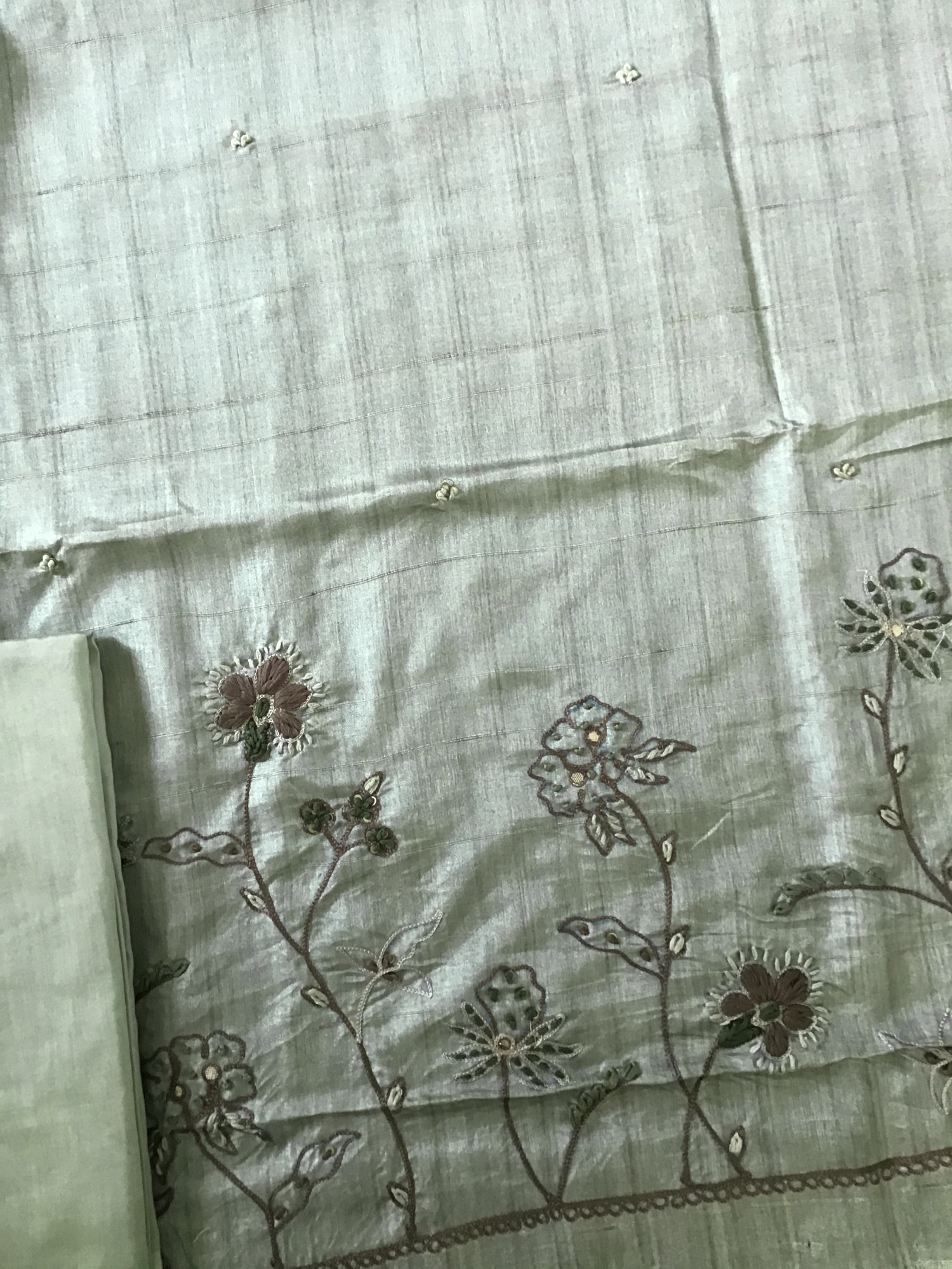 Soft Fine Semi Tussar Printed Embroidered Suit - Green