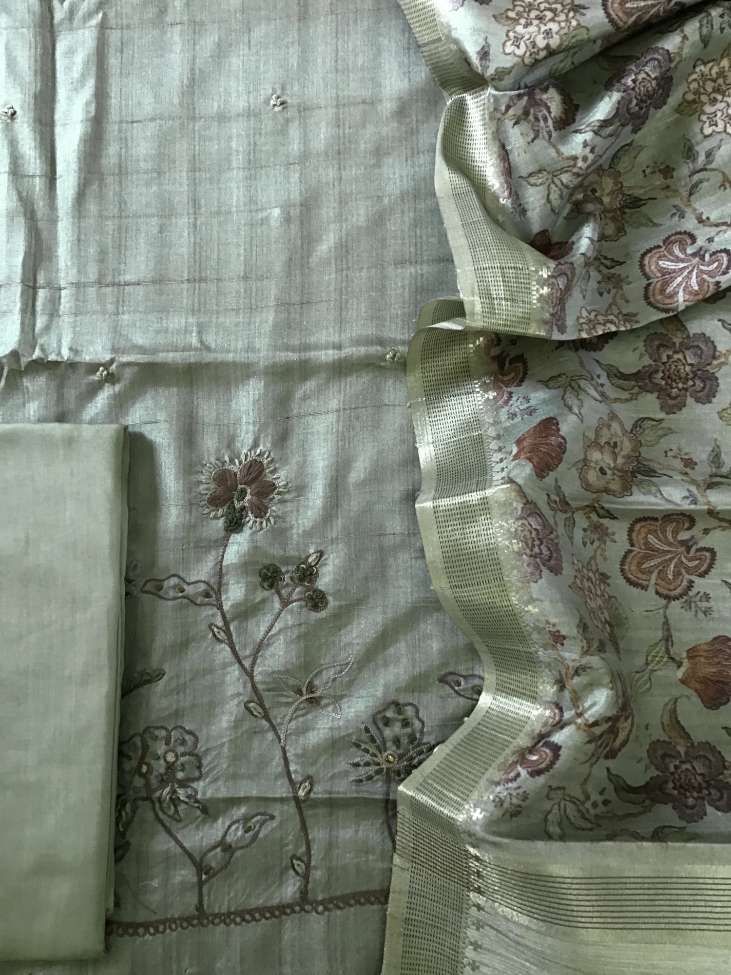 Soft Fine Semi Tussar Printed Embroidered Suit - Green