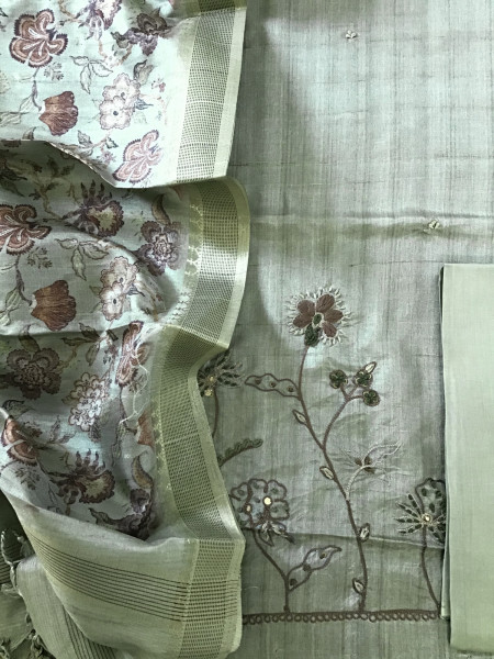 Image of Soft Fine Semi Tussar Printed Embroidered Suit - Green