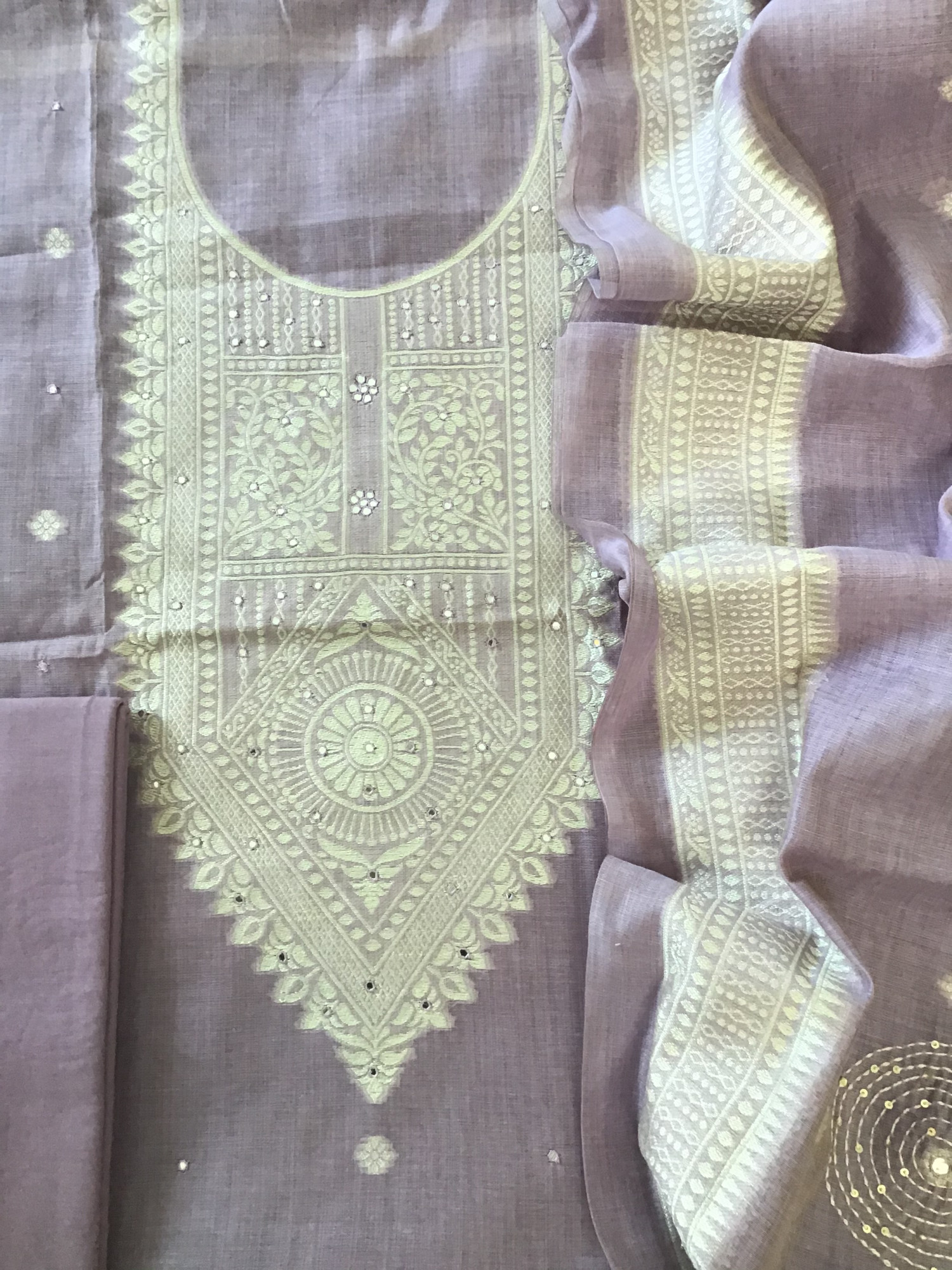 Soft Slub Chanderi Jamdani Weaved Embroidered Suit - Lavender