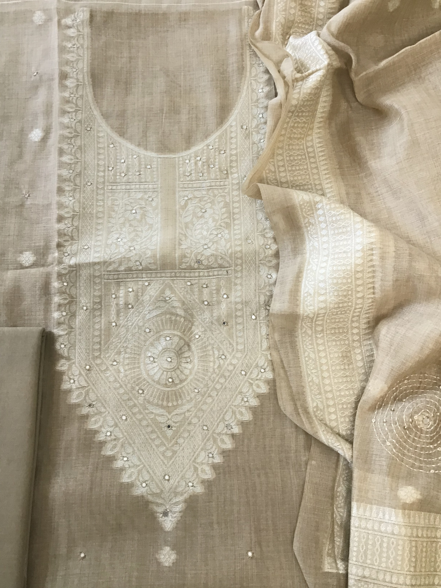 Soft Slub Chanderi Jamdani Weaved Embroidered Suit - Beige