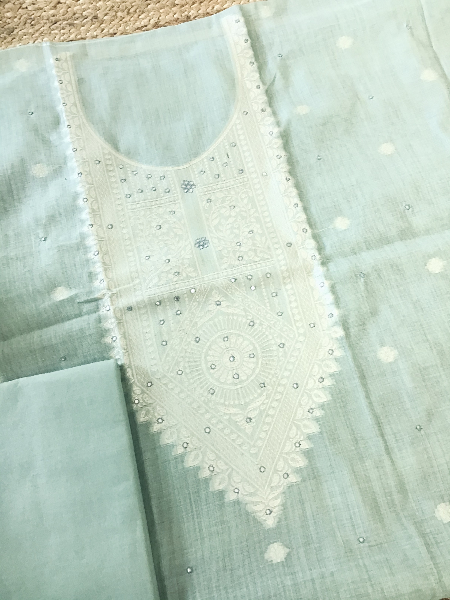 Soft Slub Chanderi Jamdani Weaved Embroidered Suit - Sea Blue