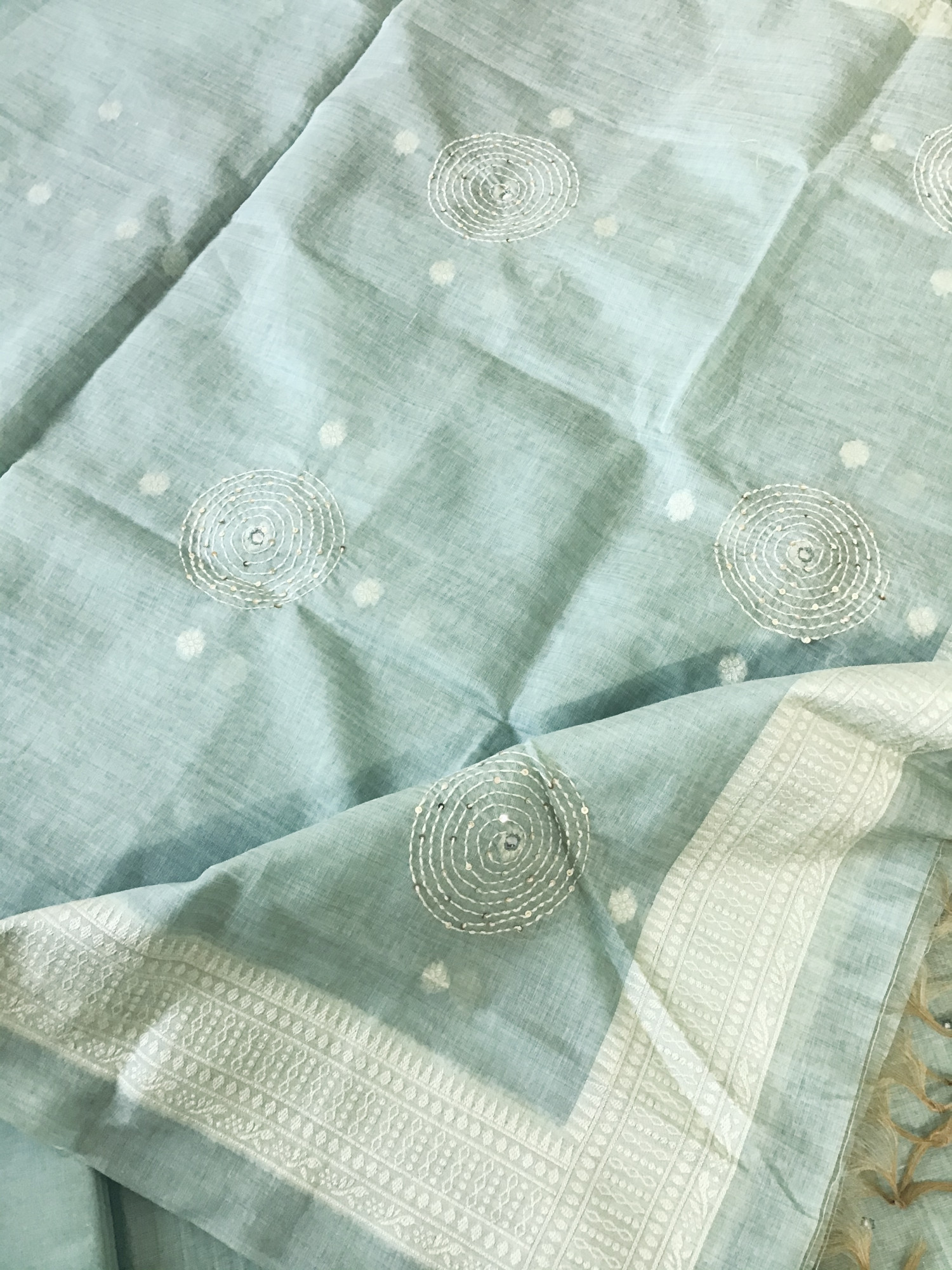 Soft Slub Chanderi Jamdani Weaved Embroidered Suit - Sea Blue