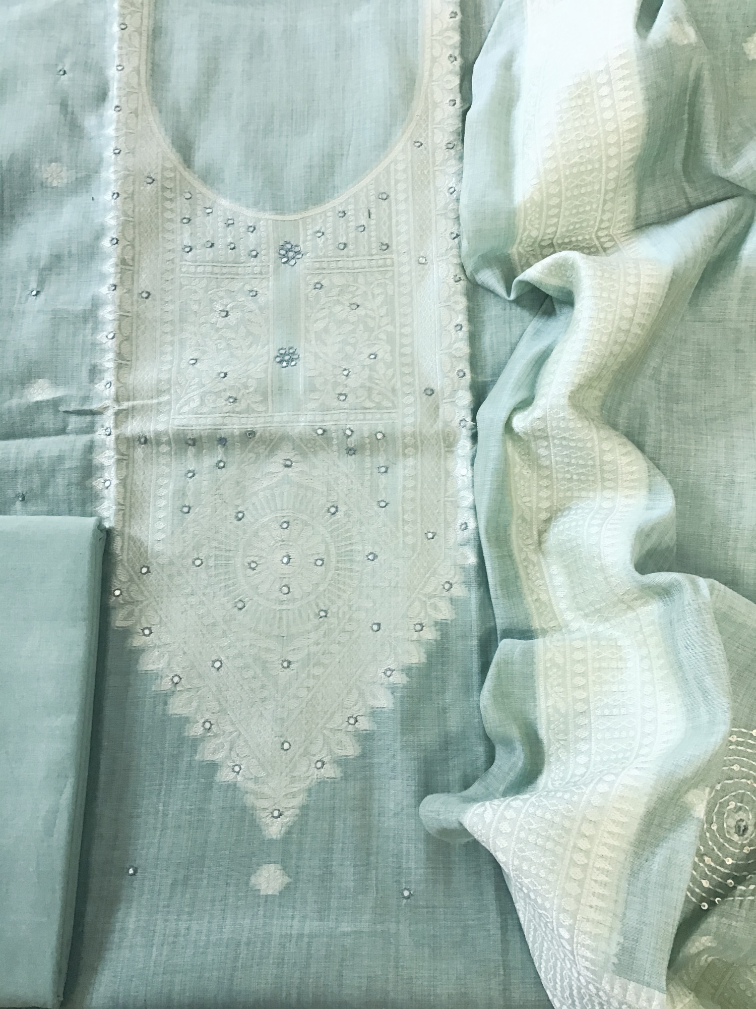 Soft Slub Chanderi Jamdani Weaved Embroidered Suit - Sea Blue