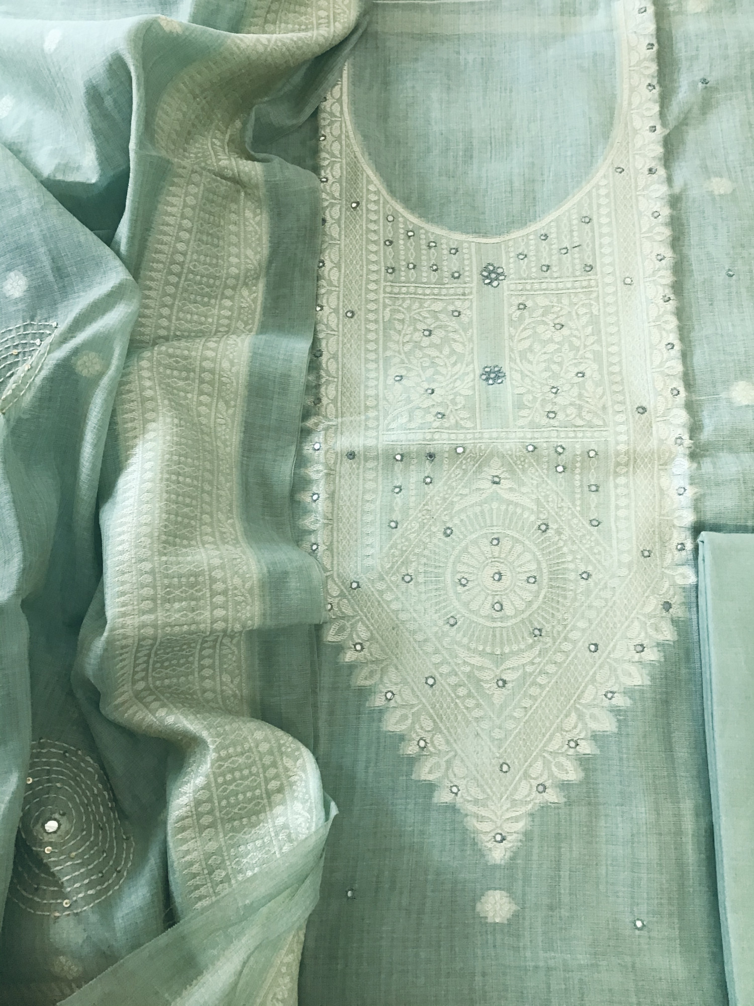 Soft Slub Chanderi Jamdani Weaved Embroidered Suit - Sea Blue