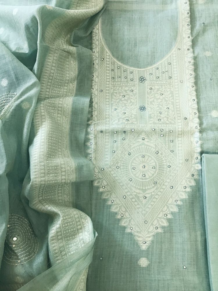 Image of Soft Slub Chanderi Jamdani Weaved Embroidered Suit - Sea Blue