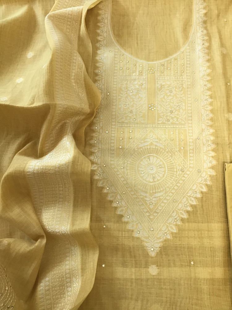 Image of Soft Slub Chanderi Jamdani Weaved Embroidered Suit - Yellow
