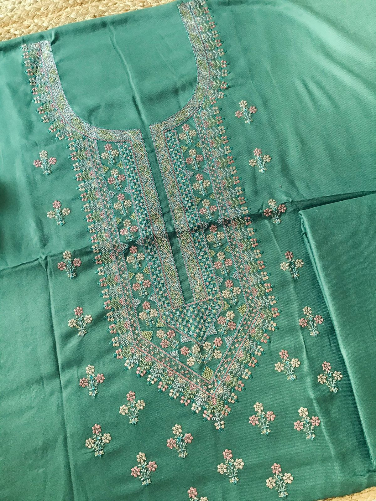 Soft Woollen Spun Silk Embroidered Suit - Green