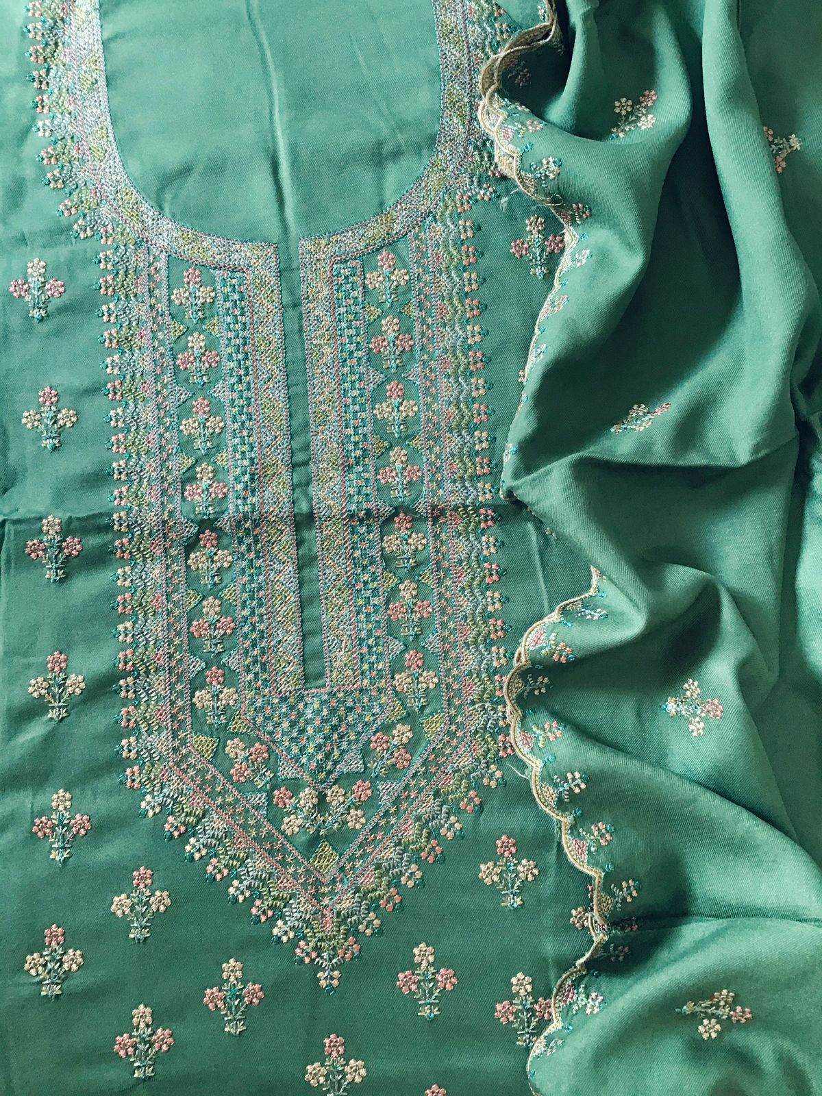Soft Woollen Spun Silk Embroidered Suit - Green