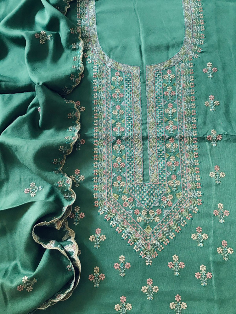 Image of Soft Woollen Spun Silk Embroidered Suit - Green