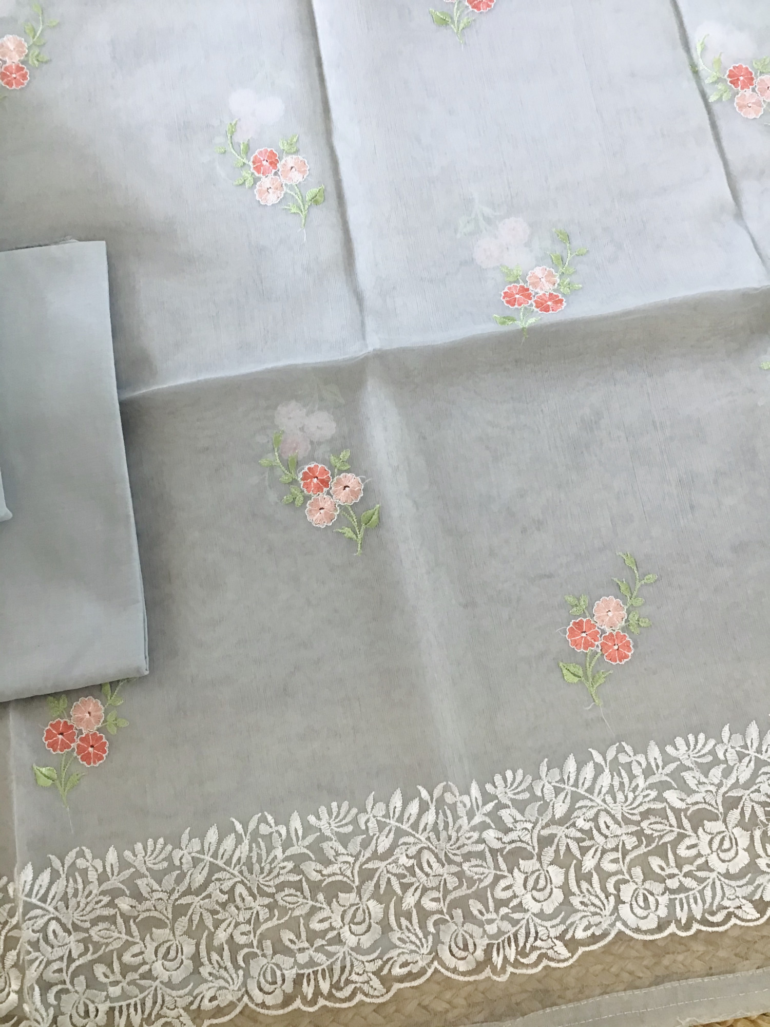 Soft Semi Organza Embroidered Suit - Grey