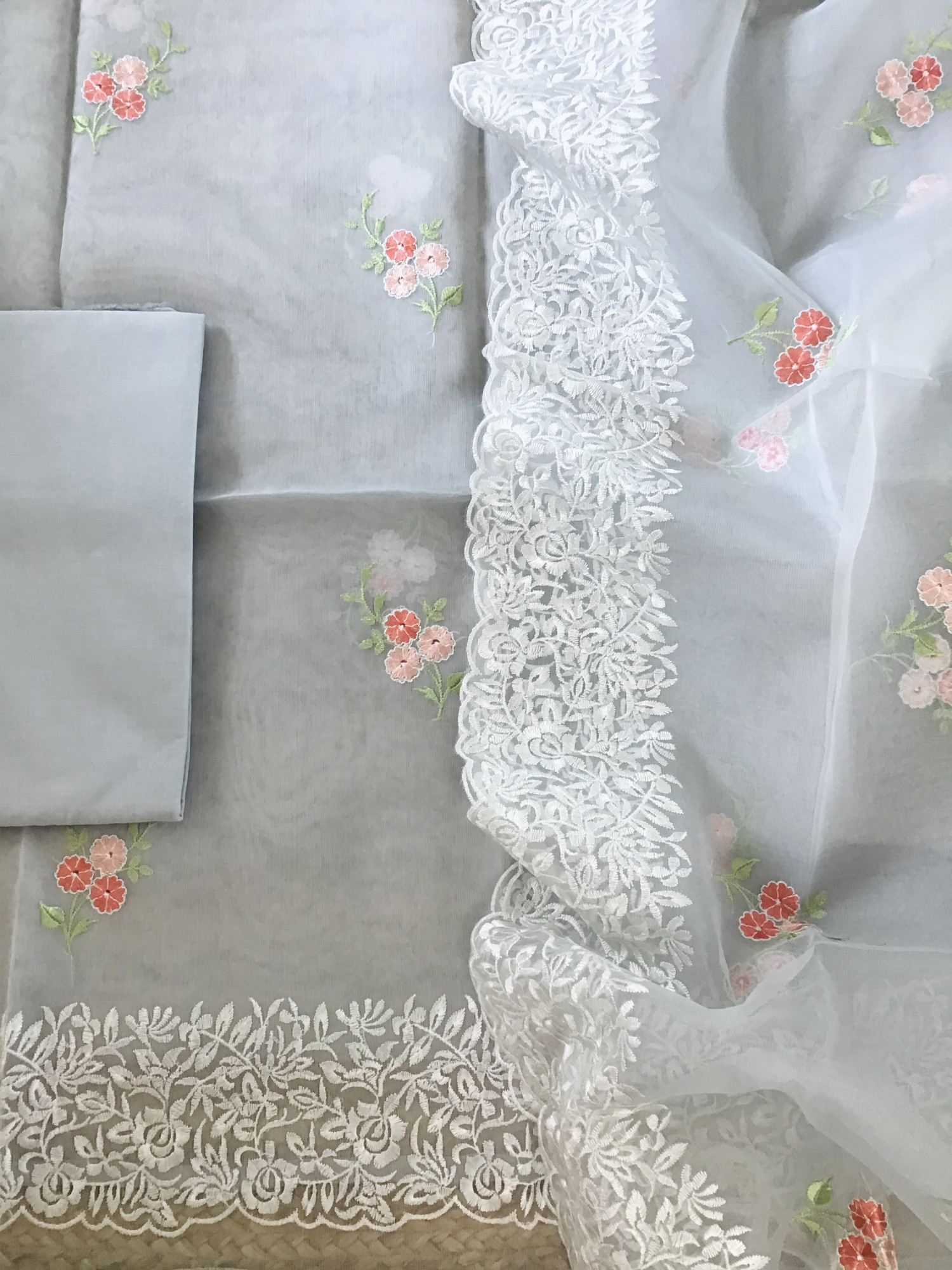 Soft Semi Organza Embroidered Suit - Grey