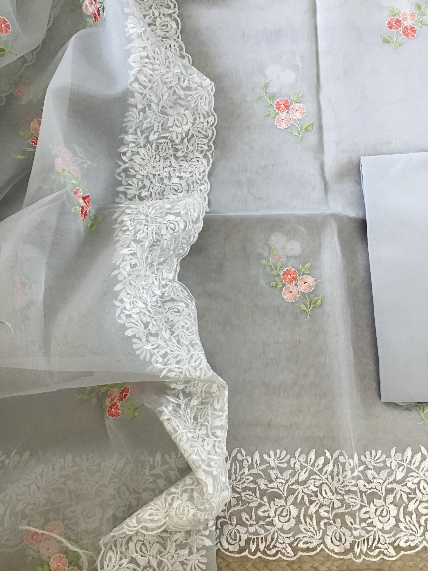 Soft Semi Organza Embroidered Suit - Grey