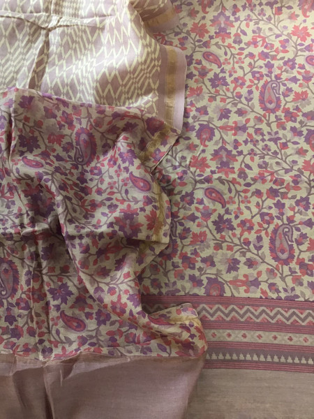Image of Pure Maheshwari Printed Suit - Beige