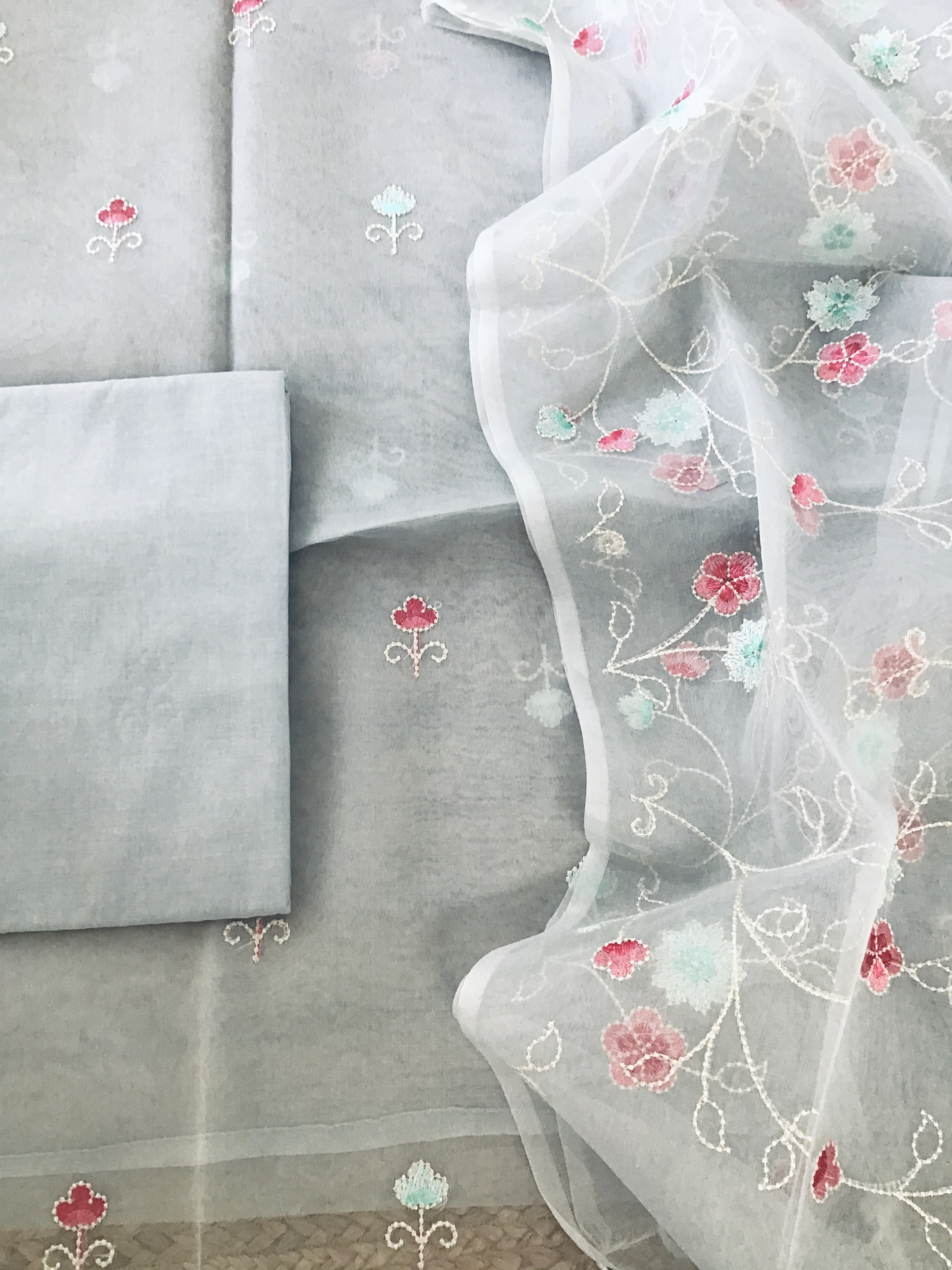 Soft semi Organza Embroidered Suit - Grey