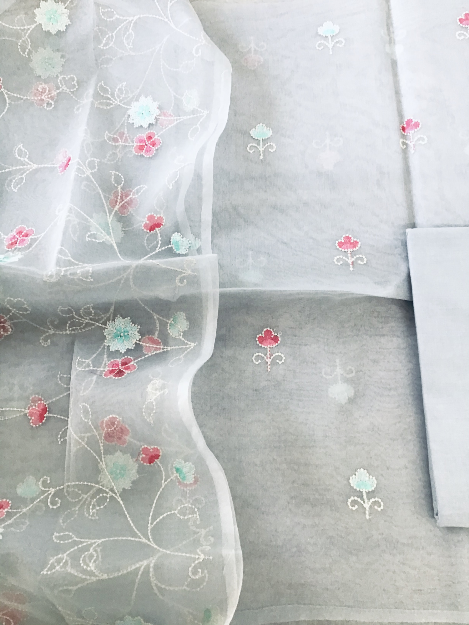 Soft semi Organza Embroidered Suit - Grey