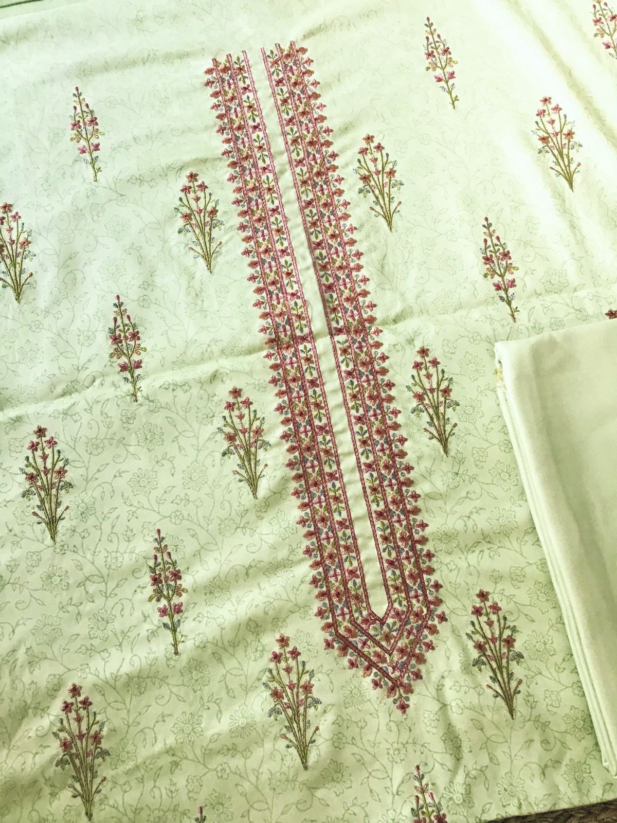 Soft Woollen Spun Silk Printed Embroidered Suit - Green