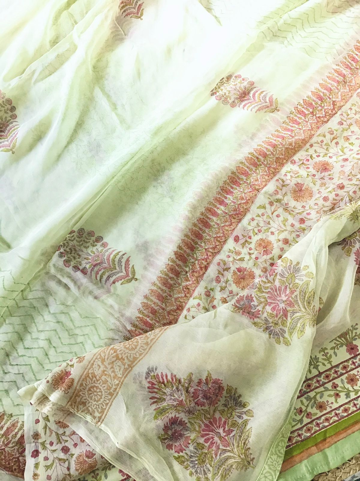 Soft Woollen Spun Silk Printed Embroidered Suit - Green
