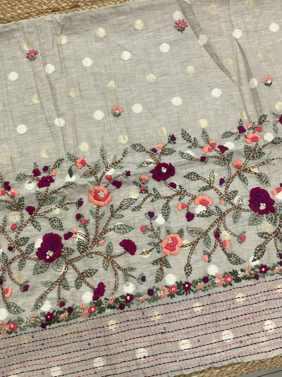 Soft Slub Chanderi Jamdani Weaved Embroidered Suit - Beige