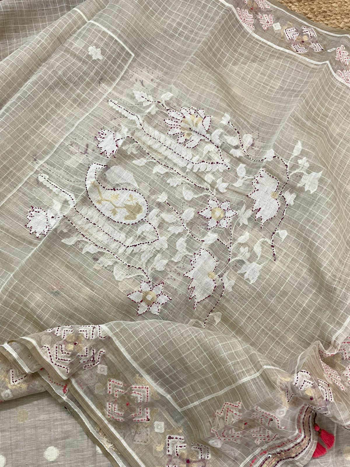 Soft Slub Chanderi Jamdani Weaved Embroidered Suit - Beige