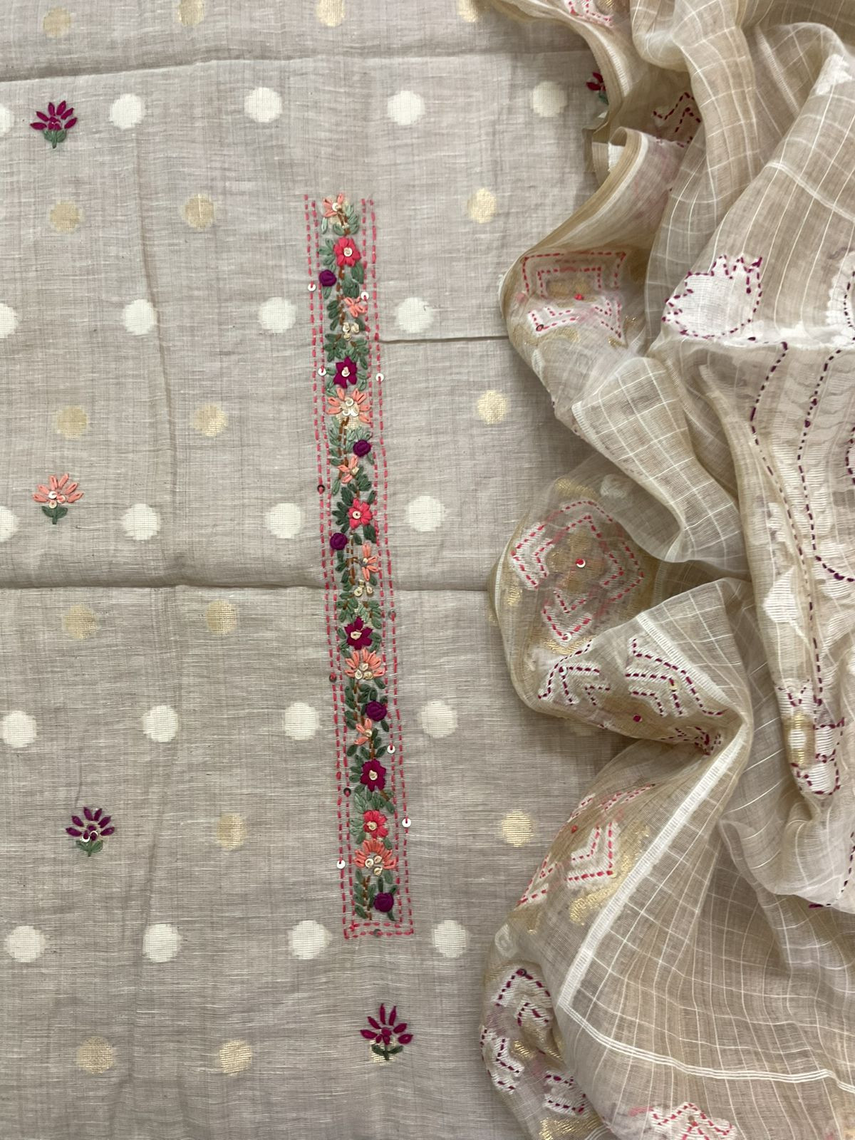 Soft Slub Chanderi Jamdani Weaved Embroidered Suit - Beige
