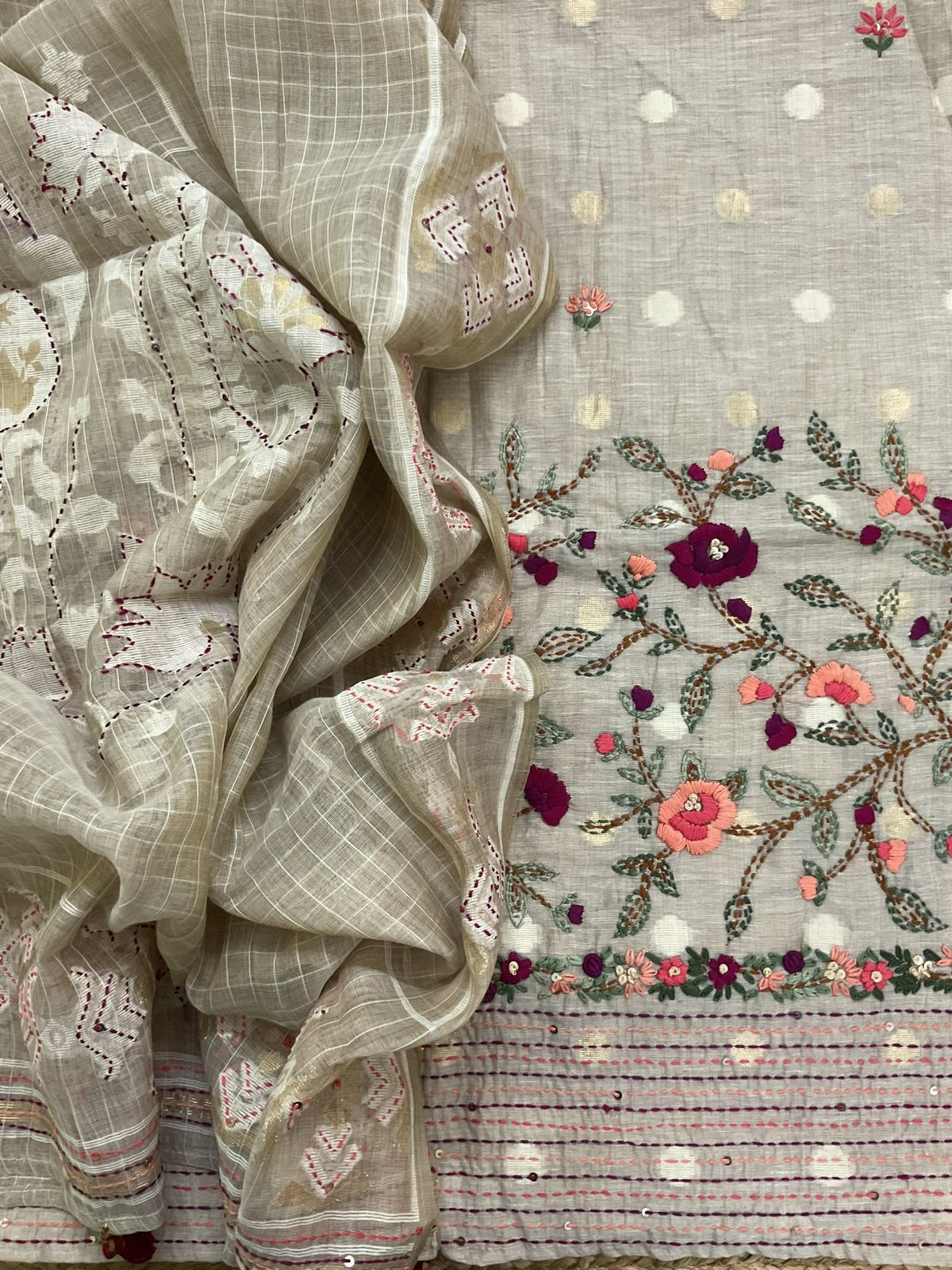 Soft Slub Chanderi Jamdani Weaved Embroidered Suit - Beige