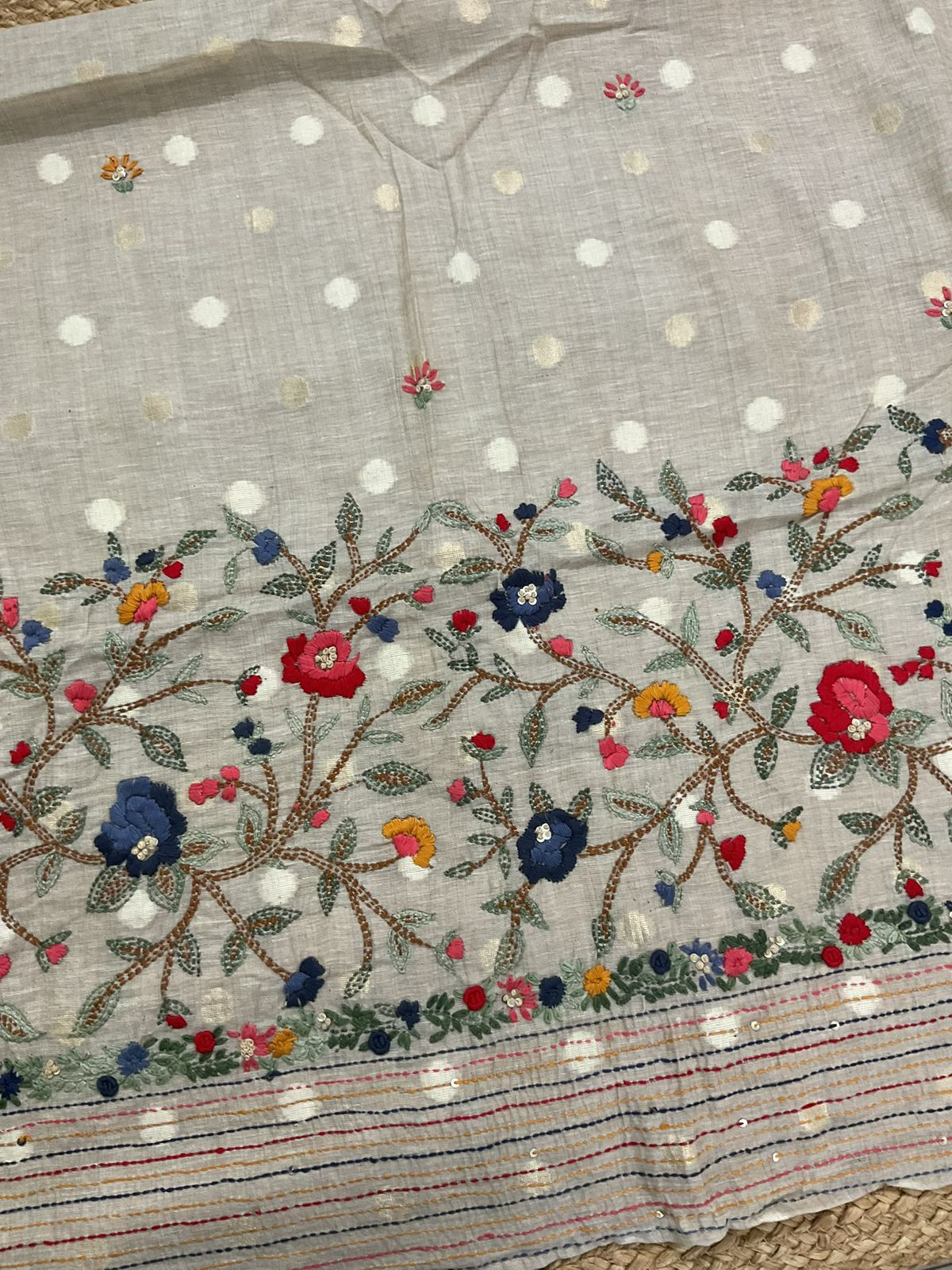 Soft Slub Chanderi Jamdani Weaved Embroidered Suit - Beige