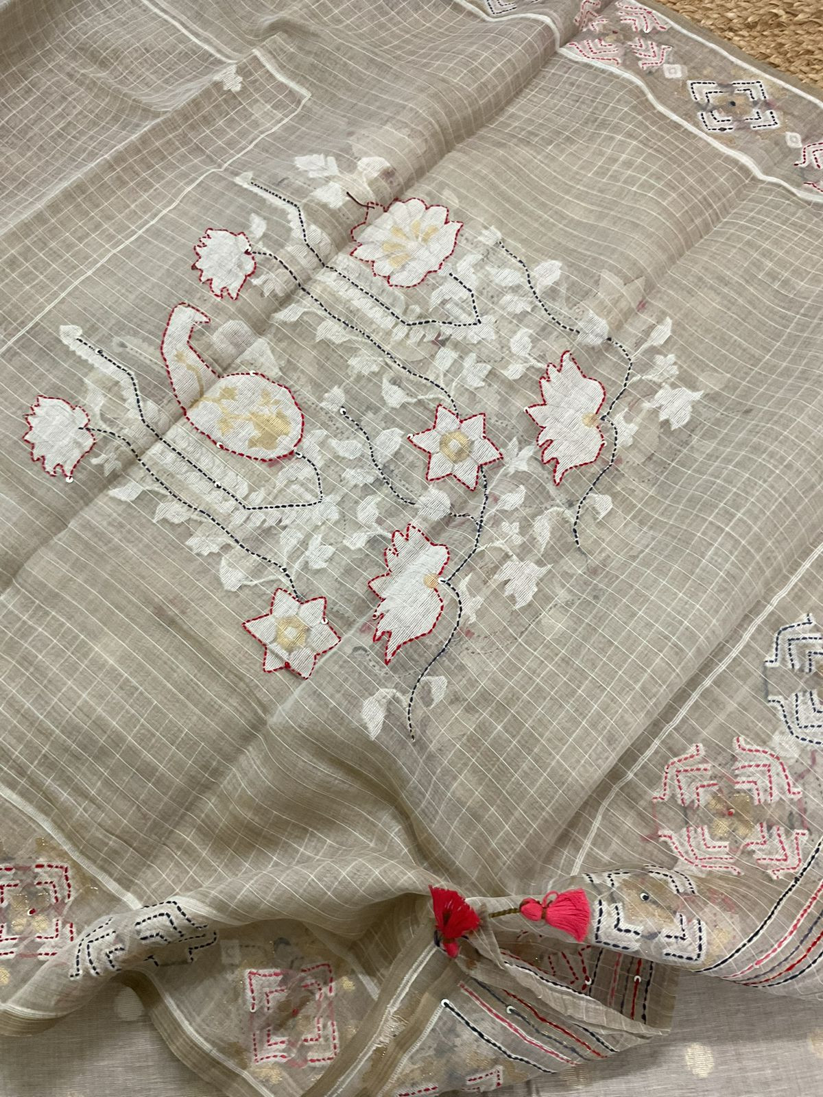 Soft Slub Chanderi Jamdani Weaved Embroidered Suit - Beige