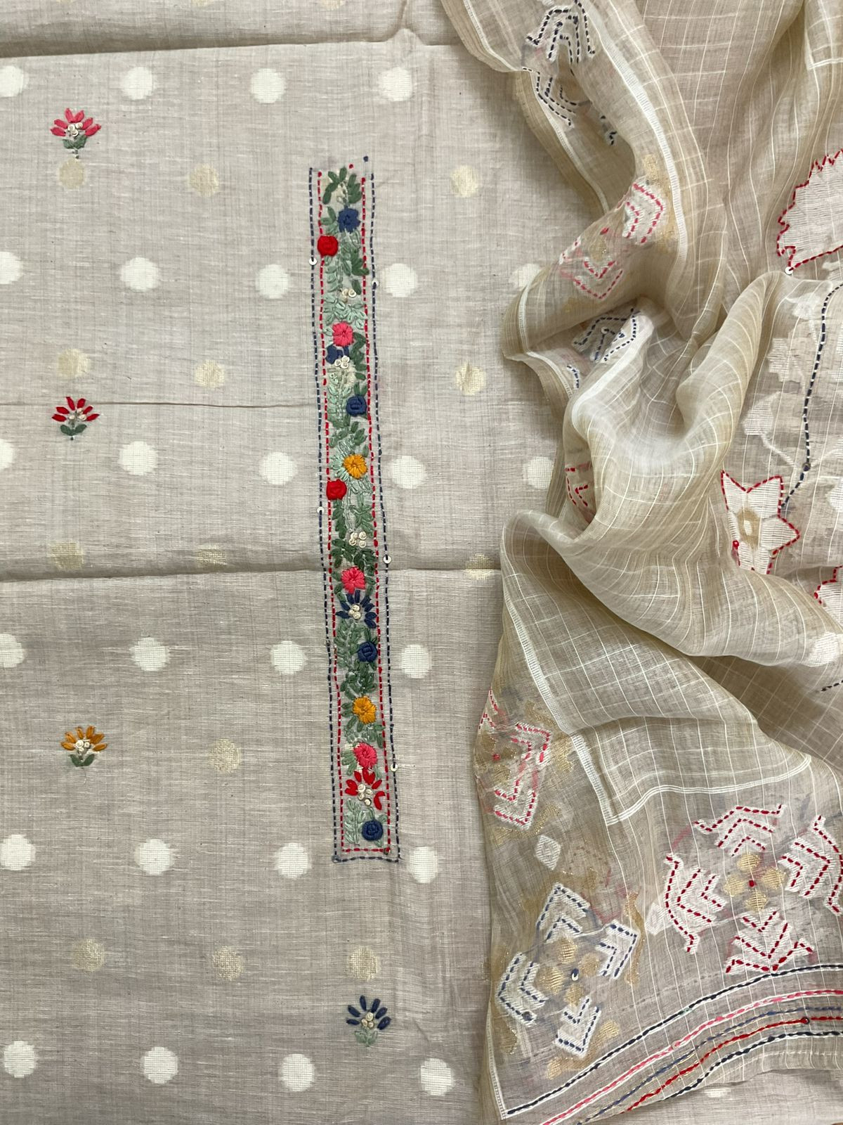 Soft Slub Chanderi Jamdani Weaved Embroidered Suit - Beige